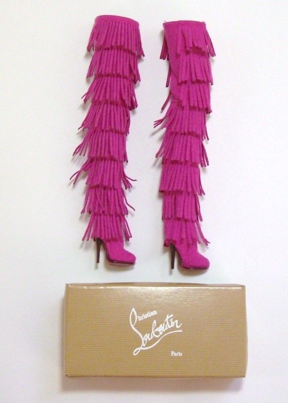   Louboutin Barbie DOLLY FOREVER PINK FRINGE THIGH HIGH BOOTS and Box