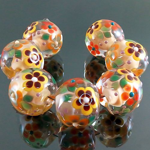   =handmade lampwork 7 glass beads flower blossom garden=GOLD TIME=SRA
