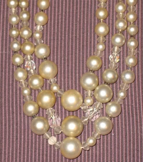 Vintage 3 Multi Strand 1950s Faux PEARL + Crystal NECKLACE  