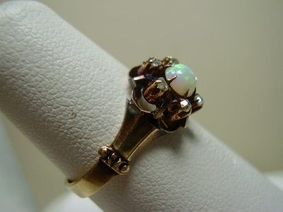 Vintage 10K Rose Gold Opal and Rose Cut Diamonds Ring  