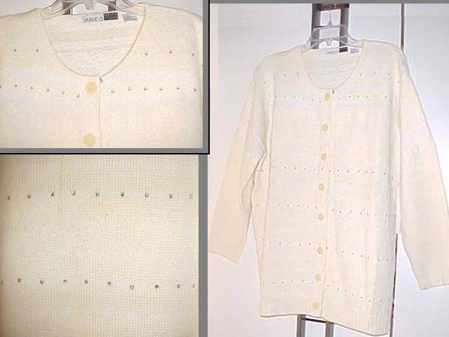 Sz 2X Sweater Rhinestones Buttons Winter White LS Angora New Cardigan 