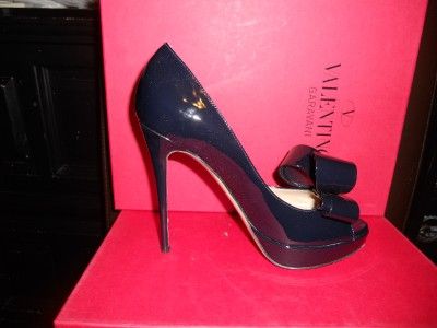 Valentino Open Toe Patent Leather Platform Pump Shoes with Bow Dark 