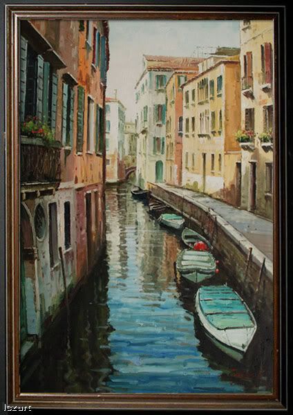   Buildings River Street Boat City Art oil painting on Canvas 24x36 V4