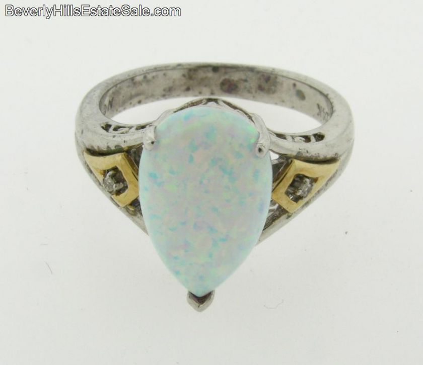 Fiery Pear Shaped Opal Diamonds 14k Gold & Silver Ring  